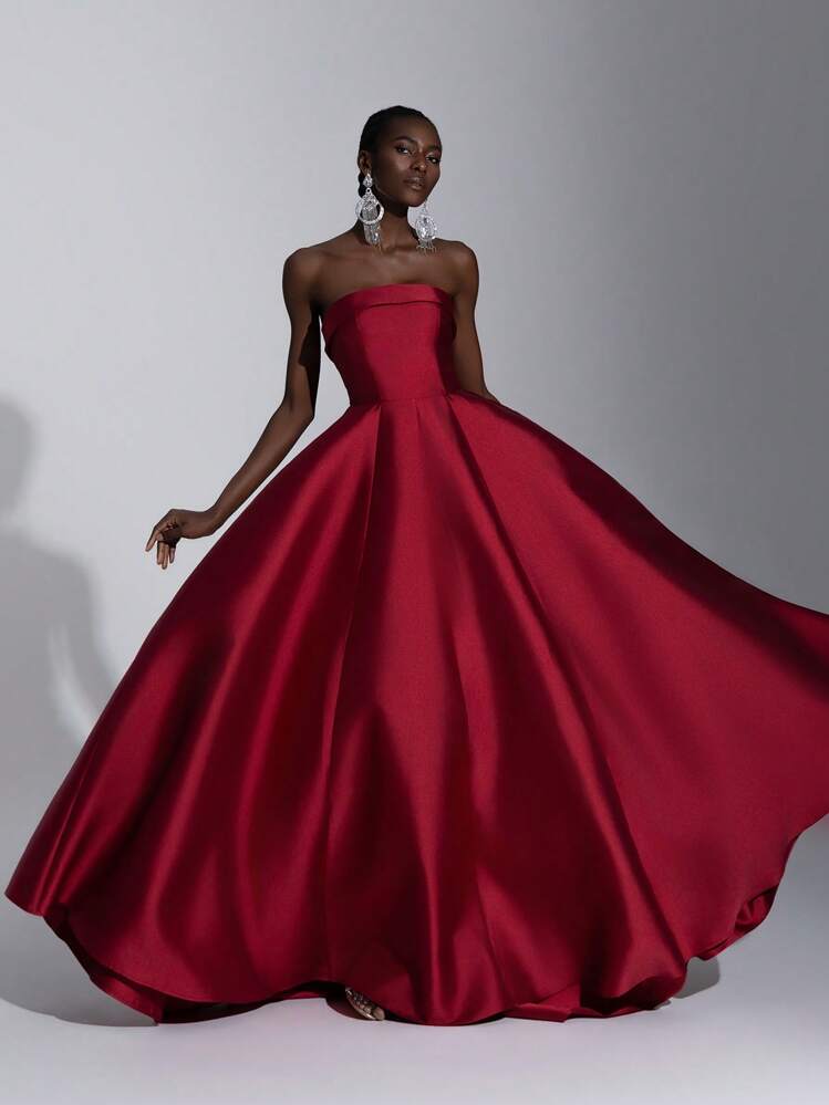 Elitara Elegante e lussuoso vestito rosso con volant sull'orlo, senza spalline, adatto per matrimoni, feste, vacanze, occasioni formali, come vestito da invitato a un matrimonio, abito da sera, abito da cerimonia - Rosso - Visualizzare 5