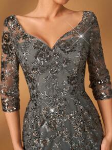 Serin Váy đuôi cá cổ chữ V tay loe thêu ren lưới màu xám đậm sang trọng thanh lịch, thích hợp cho tiệc tối, hẹn hò, ngày lễ, đám cưới, váy cho mẹ cô dâu - Màu xanh hải quân - Xem 2