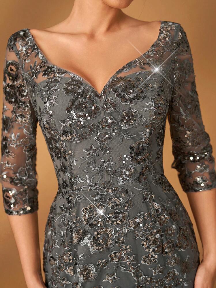 Serin Elegante y lujoso vestido de cola de sirena con escote en V, mangas acampanadas, encaje bordado y lentejuelas en gris oscuro, adecuado para fiestas de noche, citas, vacaciones, bodas, y vestido de madre de la novia - Azul Marino - Añade 2