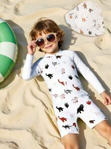 SHEIN Young Boy Cartoon Dinosaur Print Raglan Sleeve One-Piece Swimsuit With Shorts Summer Holiday