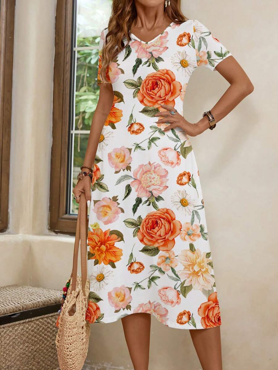 EMERY ROSE Vintage Floral Pattern Long V-Neck Short Sleeve Dress, Suitable For Summer - Multicolor - View 1