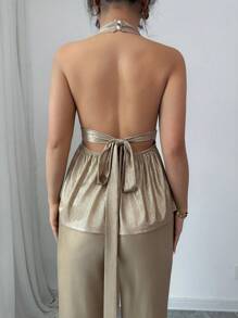Selianne 2pcs/Set Elegant Halter Neck & Waist Cinched V-Neck Women's Outfit - Apricot - View 6