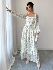 Modelyn Women Elegant Vertical Striped Square Neck Cinched Waist A-Line Dress, Spring/Summer - Yellow - View 4