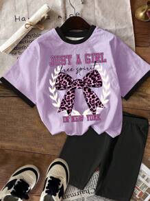 SHEIN Leap Crew 2 件套青少年女孩休闲简约短袖 T 恤和短裤套装，适合夏季