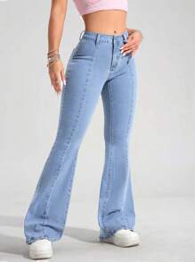 SHEIN PETITE Women's Casual Washed Skinny Flare Jeans