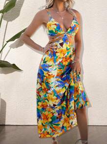 Breezaya Full Floral Print Sleeveless Deep V-Neck Summer Vacation Casual Halter Straps Dress - Orange - View 1