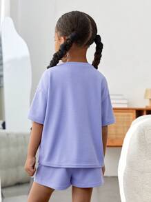 SHEIN 2 件套年轻女孩纯色圆领宽松休闲 T 恤和短裤 - 紫色 - 查看 3