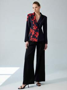 Aveloria Modichic Red & Black Color Block Floral Print Backless Sexy Fitted Double Button Blazer, Versatile For Commute, Party, High-End - Multicolor - View 6