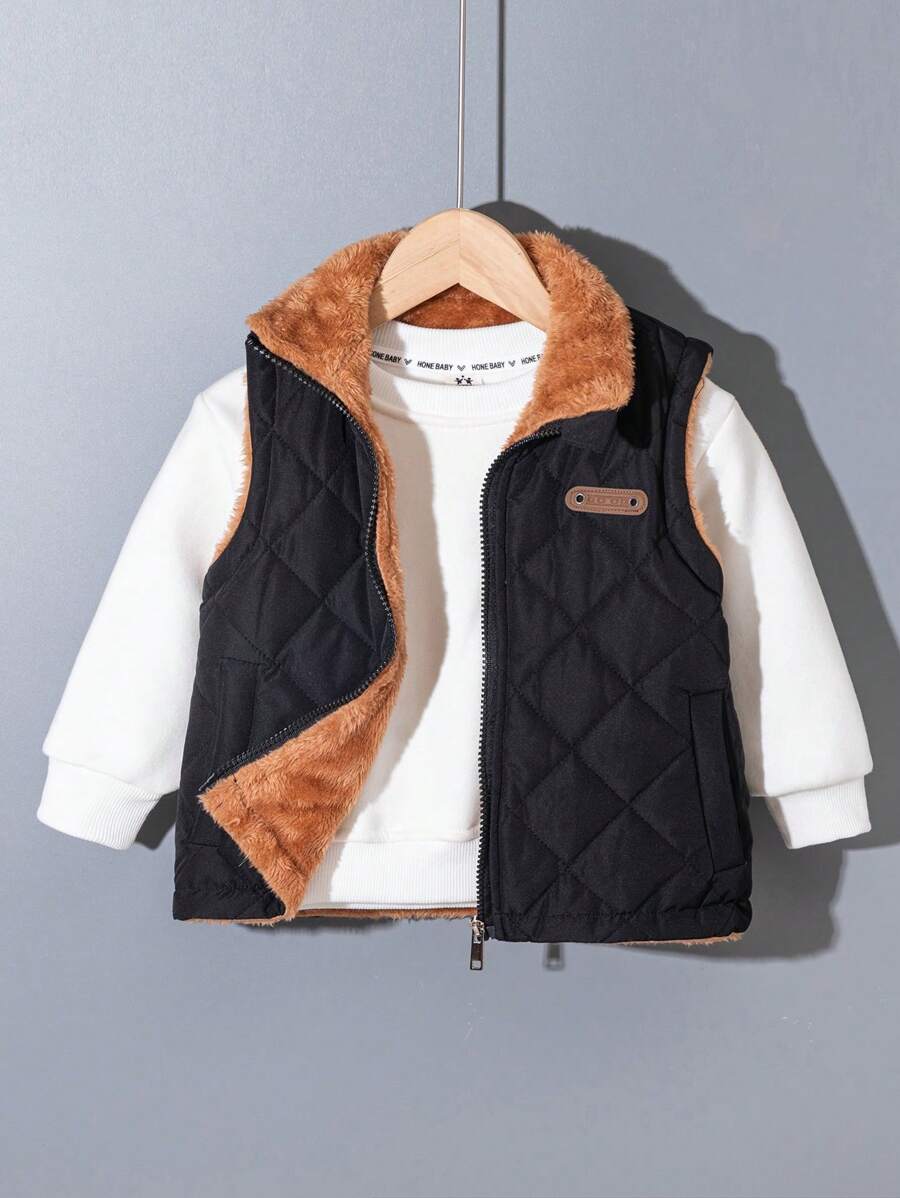 Girls' Thick Padded Vest With Fur Trim, Winter - Black - View 1