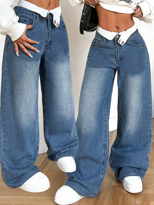 SHEIN Tall Blugi de damă Pantaloni drepți largi cu talie joasă Pantaloni drepți cu talie dublă Pantaloni drepți patchwork cu talie înaltă Blugi de damă Blugi de Ziua Îndrăgostiților Îmbrăcăminte de vară pentru femei Blugi de femei Pantaloni de damă Blugi de femei cu talie joasă Blugi largi Blugi de damă Blugi de damă Blugi de femei