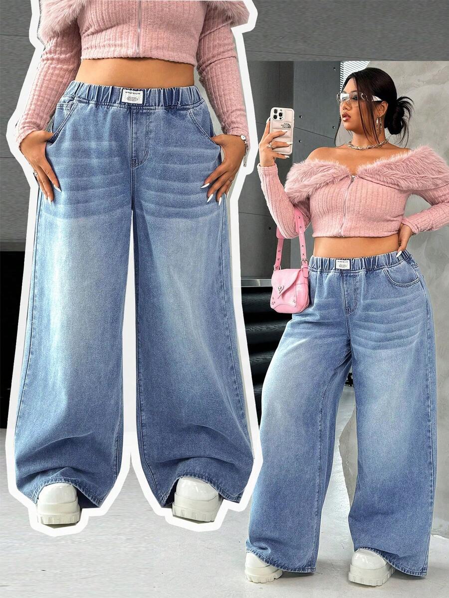 SHEIN ICON 大码蓝色宽松阔腿牛仔裤，街头风又性感