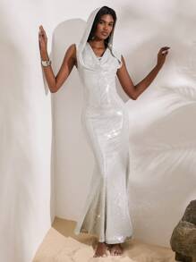 Opulessa Vestido ajustado de mujer con hombros descubiertos de punto con lentejuelas