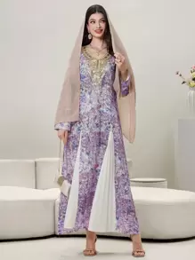 Al Najma Women's V-Neck Pullover Tie Dye Floral Pattern Sequins Embroidered Collar Pleated Insert Romantic Elegant Turkish/Arabic Long Kaftan,Modest - Multicolor - View 1