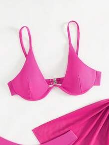 Swim Vcay 3pcs/Set Solid Color Bikini Set With Underwire Top, Suits For Beach Vacation For Summer - Coral Pink - View 5