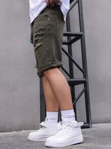 Manfinity Homme Men's Ripped Hem Casual Denim Shorts With Pockets - Army Green - View 4