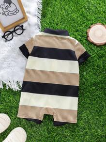 SHEIN Enterizo de punto a rayas de manga corta para bebé recién nacido niño, adecuado para fiesta de cumpleaños, fiesta de noche, evento, boda, celebración de un mes, bautizo y baby shower del primer cumpleaños, verano