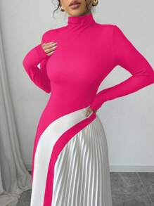 Elenzga Elegant Contrast Patchwork Pleated Long Dress For Women - Hot Pink - View 5