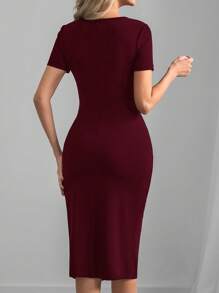 SHEIN Clasi Elegante Vestido Feminino Preto De Manga Curta Patchwork Pu No Inverno Zíper Até A Coxa Dividida Bodycon - Borgonha - Ver 2