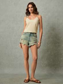 Poéselle 雏菊吊带背心，夏季度假背心，纯色粒面面料，宽松休闲背心，撞色雏菊蕾丝，适合外出度假，浪漫约会 - 黃色 - 查看 4