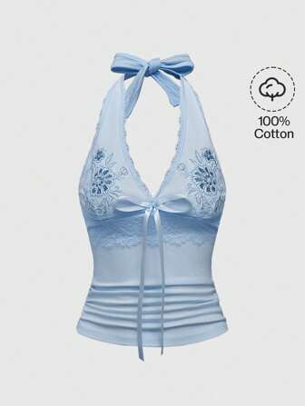 Hippie Canotta a collo alto a contrasto con stampa floreale e pizzo, aderente