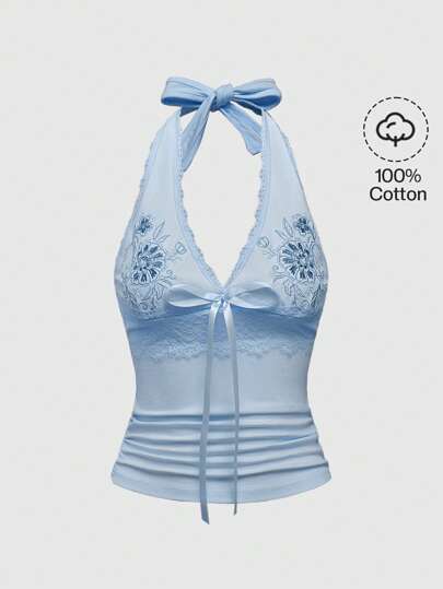 Hippie Canotta a collo alto a contrasto con stampa floreale e pizzo, aderente