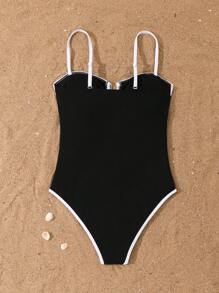 Traje de baño de una sola pieza ajustado de estilo minimalista para niñas adolescentes - Blanco y Negro - Ver 2