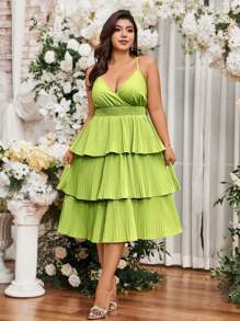 SHEIN LUNE Váy xếp ly nhiều lớp, dây lưng nhún bèo cỡ lớn cho nữ - màu xanh lá - Xem 3
