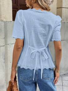 Pariaura 女士优雅法式蕾丝拼接棉质短袖衬衫 - 淺藍色 - 查看 2