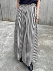 FRIFUL Pantalones de pierna ancha de talle alto a rayas para mujer, ropa casual de oficina para el verano