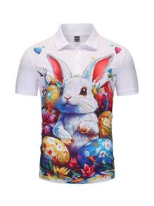 Manfinity Homme Men's Easter Cartoon Rabbit & Egg Print Casual Commute Short Sleeve Polo Shirt, For Gifts