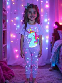 2 Stücke Loungewear-Set mit Jumpsuit für Kleine Mädchen mit Einhorn-Lichtmuster, kurzärmlig, hellrosa