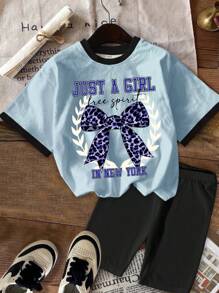 SHEIN Leap Crew Tween Girls Casual Simple Short Sleeve T-Shirt And Shorts 2 Pieces Set, Suitable For Summer - White - View 3