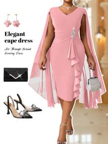 Fleurora 大码女式优雅斗篷结构蓝色透视正式晚礼服秋季女装四季蓝色连衣裙 - 粉色 - 查看 1