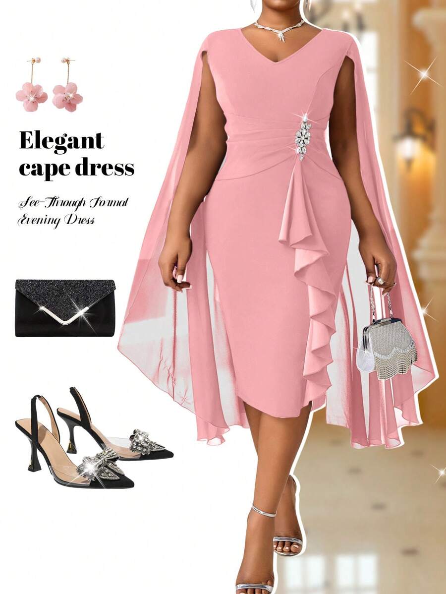 Fleurora 大码女式优雅斗篷结构蓝色透视正式晚礼服秋季女装四季蓝色连衣裙 - 粉色 - 查看 1