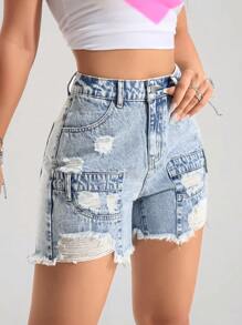 SHEIN EZwear Dames Casual Versleten Gerafelde Zoomzakken Denim Shorts
