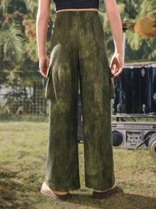 SHEIN 2025 Spring/Summer New Casual Comfortable Distressed Vintage Military Green Tween Girls' Pants, Suitable For Daily Wear, Outdoor Play, And Family Vacation