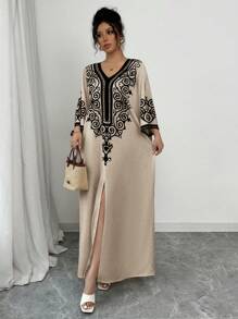 Rafferiza Vestido feminino com decote em V e estampa de colocação, manga morcego, fenda lateral