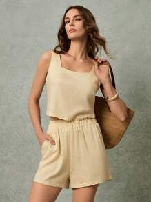 SHEIN Frenchy 前扣背心夹克和短裤，宽松版型，度假套装，轻松时尚，亚麻混纺面料两件套短裤亚麻短裤女士亚麻服装短裤休闲女士连衣裙茶会服装工装短裤办公室服装 - 杏色 - 查看 4