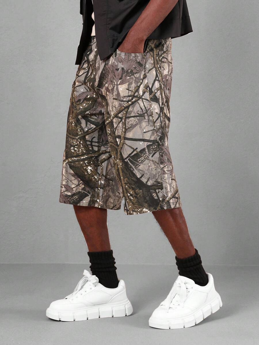 SUMWON 迷彩印花工装牛仔短裤战术户外狩猎徒步夏季休闲宽松多口袋街头服饰节日探险短裤 - 彩色 - 查看 1