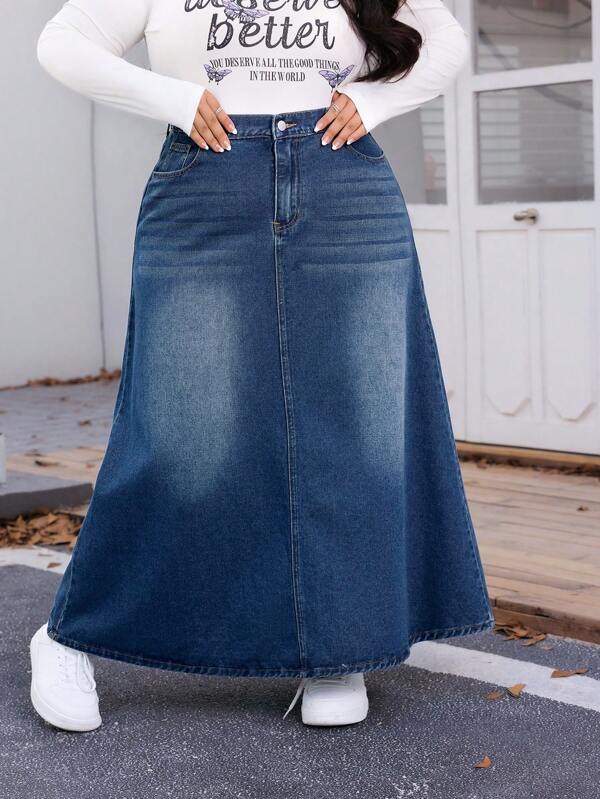 SHEIN CURVE+ Fustă maxi din denim, casual, mărime plus, potrivită pentru vară, Curve Plus, Hoho Vacation