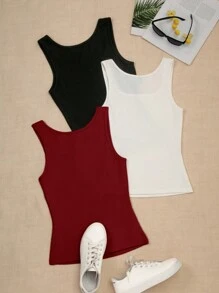 SHEIN PETITE Áo ba lỗ màu trơn cổ vuông thể thao mùa hè cho nữ, áo thun họa tiết thường ngày - Nhiều màu - Xem 2