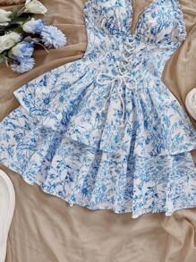 Soleia Women's Vacation A-Line Blue Floral Layered Ruffle Camisole Romantic Dress For Valentine's Day - Blue and White - View 6