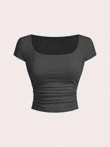 SHEIN BAE Set de 3 camisetas de manga corta con cuello en U y fruncido, de ajuste ceñido, versátiles para el verano, para mujeres - Multicolor - Ver 5