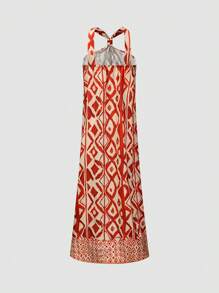 Breezaya 女士系带波西米亚几何 A 字长款度假连衣裙 - 橘色 - 查看 2