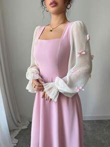 Modelyn Đầm bó eo họa tiết hoa 3D dệt chắp vá cho nữ - Hồng - Xem 6