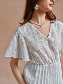 Écloséra Women's V-Neck Ruffle Short Sleeve Embroidered Long Dress, Elegant
