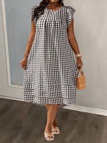 Slaydiva 2025 New Rave/Easter Outfit, Old Money Style, Country Concert Outfit, Going Out Outfit, Fairycore, Festival Outfit, Tropical Vacation Outfit, Summer Outfit, Rave, European Summer, Spring Outfit, Western Wear Plus Size, Concert, Graduation Outfit, Versatile Daily Casual Minimalist Sexy/Minimalist Plus Size, Casual Ruffle Sleeve Round Neck Midi Dress Summer Plaid Plus Size, Plus Size Western Wear Dress - Black and White - View 1