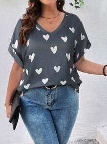 SHEIN LUNE 大码情人节心形印花蝙蝠袖 T 恤 - 淺灰色 - 查看 1