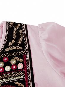 SHEIN Explorewe Gaun Anak Perempuan Remaja Elegan dengan Kerah Lepas Pasang, Motif Bunga, Model A-Line, Lengan Panjang Transparan, Serbaguna untuk Acara Kasual, Liburan, Pesta, Pakaian Sehari-hari, Musim Semi/Panas - Berwarna merah muda - View 4