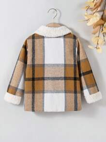 SHEIN Young Boy Plaid Stand Collar Long Sleeve Fleece Cargo Pocket Casual Woolen Jacket, Autumn/Winter